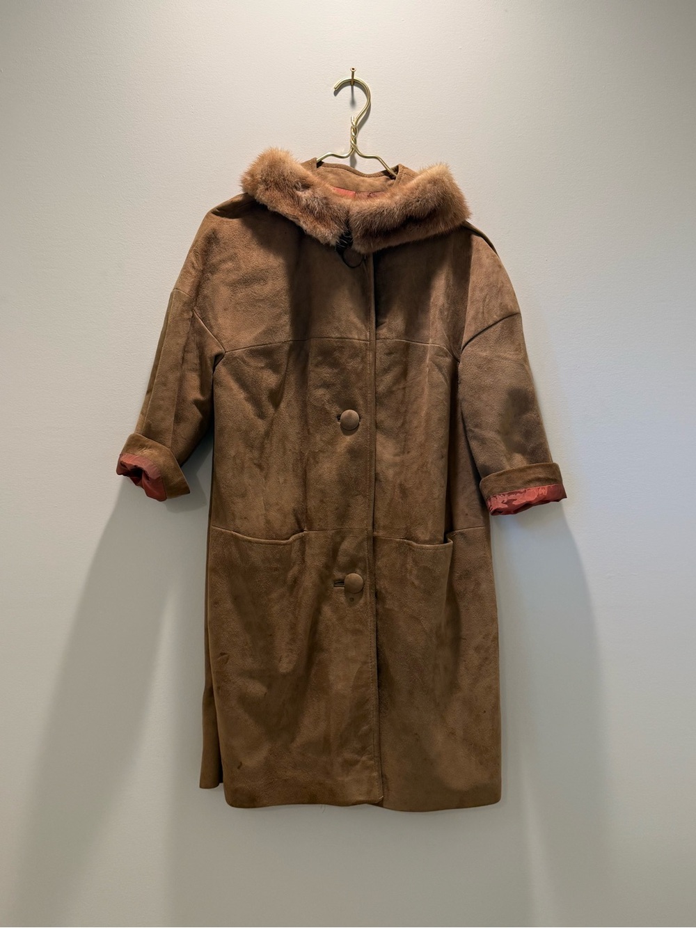 Classic Vintage Suede Trench Coat with Fur Collar